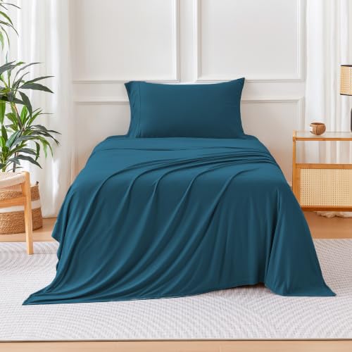 Image of Amazon Basics Jersey Knit 3-Piece Sheet Set, Wrinkle Resistant and Easy Fit, Includes 16 inch Deep Pocket Fitted Sheet, 1 Flat Sheet and 1 Pillowcase, Twin, Dark Teal