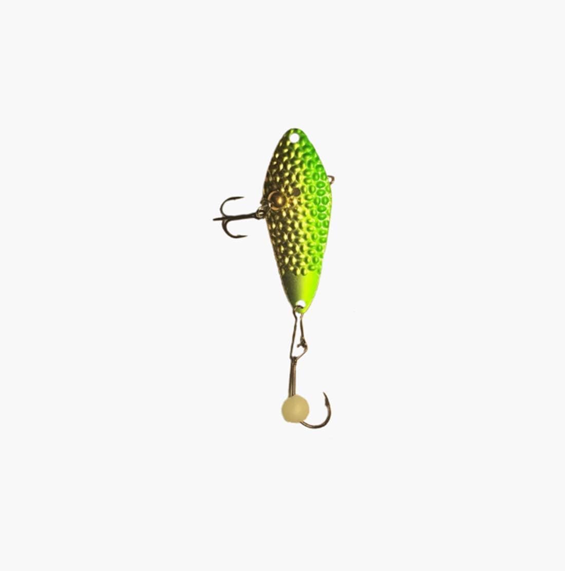 Hammered Minnow Jigging Spoon Cast, Jerk or Vertical Jig Fishing Lure, Great for Ice Fishing, Green/Gold Glow, 2 1/4" (3/8 Ounce)