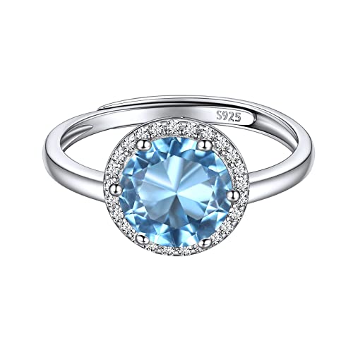 ChicSilver Bague Femme Argent Reglable,Anneau Ajustable avec Pierre Aigue-Marine en Forme Rond Brillante,Bijoux Fantaisie Cadeau Femme Noel Anniversaire