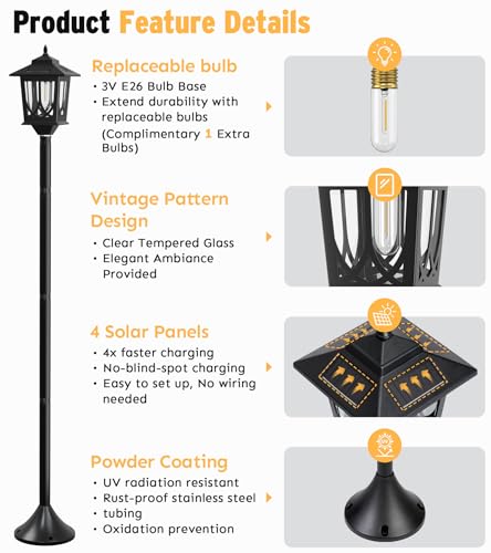 Joyoowild 63\" Solar Lamp Post Light 2 Pack, Solar Light Posts for Outside Waterproof, Outdoor Lamps for Patio, Backyard, Front Porch Decor, Warm White, Replaceable Bulb - Thumbnail 3