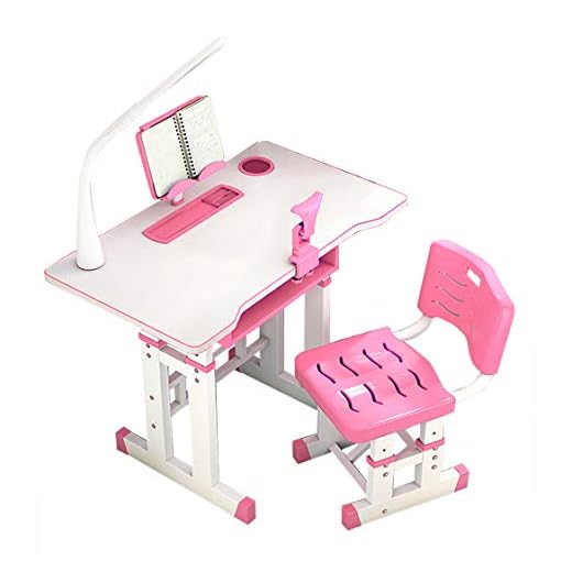 Children Desk, Height Adjustable Kids Study Table and Chair Set, Childs Desk w/Lamp School Student Writing Desk w/Pull Out Drawer Storage,Pencil Case, Bookstand, Pink-31.5x19.3in