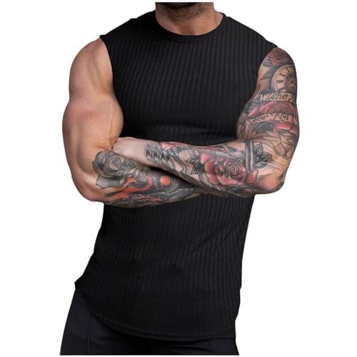 Men's Sleeveless Round Neck Tank Top Casual Slim Fit Knit Sweater Vests Vertical Striped Fitness Muscle Sports Vest