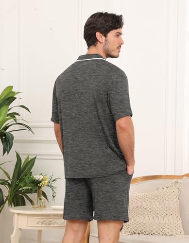Couples Pajama Set Women & Men Modal Short Sleeve Set Top and Shorts Sleepwear Button-Down Pjs, Dark Grey-XXXL3