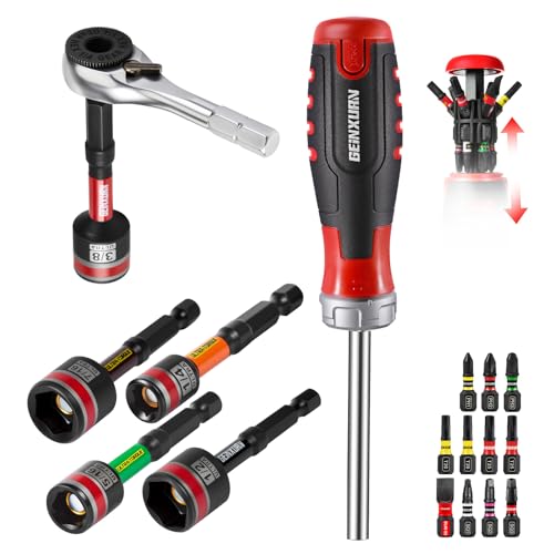 GEINXURN 19 Pieces Ratcheting Screwdriver Set and Socket Wrench Set, Mini Rachet Wrench, Rachet Screwdriver Handle and Nut Driver with 12 Pcs Impact Screwdriver Bit, Hand Tools Set for Repair DIY