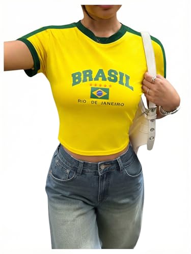 SHENHE Women's Brazil Shirt Crop Top Crew Neck Short...