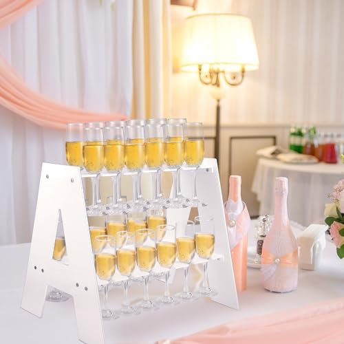 Yoande 2 Tier Acrylic Champagne Holder Modern Champagne Flute Glass Holder Stand Champagne Drink Tower Shelf Tabletop Wine Glass Stemware Hanging Display Rack Standing (White,24 Slots)