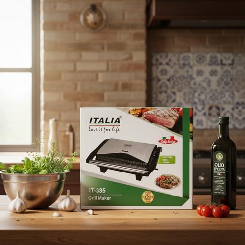 Image of ITALIA Premium 1000W Electric Grill Sandwich Maker | Non-Stick, Oil Drip Tray & Cool Touch Handle | 2-Slice Panini Press | 1-Year Warranty | Black & Stainless Steel