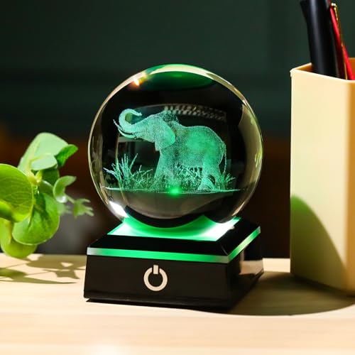 Image of Arikyrist 3D Crystal Ball Elephant Figurine with Colorful Light Base, Laser Elephant Gifts for Women Men, Glass Elephants Statue Decorative Ball for Home Office (80mm)
