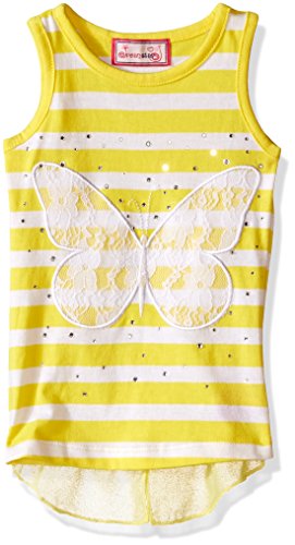 Dream Star Girls' Sleeveless Yarn Dye Stripe Tank with Lace Applique and Stones and Chiffon Split Hang in Back
