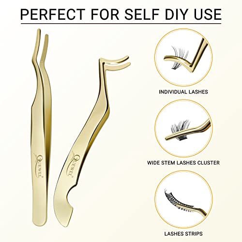 QUEWEL Lash Applicator Tool, 2 Pcs Eyelash Clusters Tweezers For False Lashes, Curved DIY Eyelash Applicator Tweezers Stainless Steel Cluster Lash Applicator For Lash Clusters Application and Removal