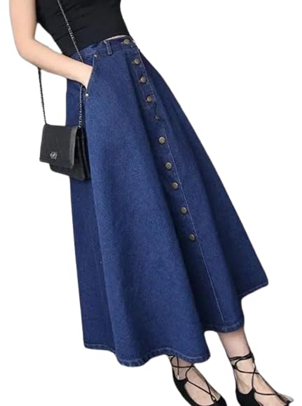 tripursundari fashion Women Navy Blue Buttoned A-Line Maxi Denim Skirt-picture-12
