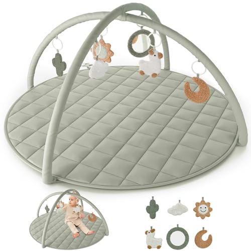 Beautiful Baby Play Gym and Tummy Time Mat – Soft Cotton Mat with 6 Cute Toys Creates The Perfect Activity Area for Your Girl/Boy – Stylish Infant Floor Playmat Fits Nicely with Any Playroom Decor