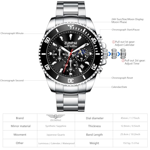 Image of ZUIPAI Moon Phase Watch for Men Chronograph Dial Analog Quartz Wristwatch Luxury Diamond Business Dress Watch with Luminous Waterproof Calendar Stainless Steel Strap