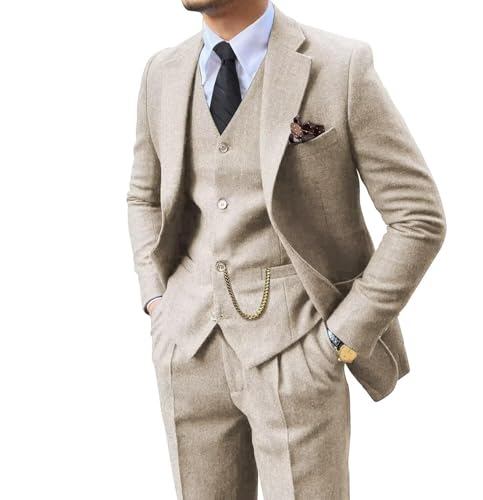 3 Piece Suit Tweed Herringbone Men's Suits Slim Fit Groom Tuxedos Set Prom Brown Grey Jacket Blazer Vest Pants Beige 6XL