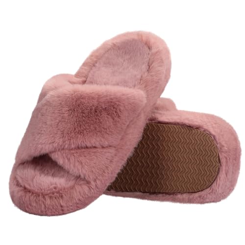Women's Fuzzy Slippers Cross Band Memory Foam House Slippers Open Toe Plush Comfy Faux Fur Lined Slide Shoes Anti-Skid Sole