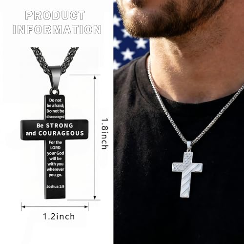 RINHOO 2cps American Flag Cross Necklace for Men Inspirational Bible Verse Cross Pendant Stainless Steel Religious Christian Necklace (Silver+Black-Do not) - image 2