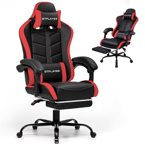 GTPLAYER Gaming Stuhl, Bürostuhl Gamer Stuhl, Ergonomischer Gamer Sessel mit Fußstütze, Gaming Chair PU Leder PC-Stuhl Verbreiterte Rückenlehne 150KG, Rot