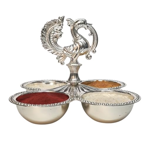 Image of Brass Kankavati Haldi Kumkum Container | Traditional Pooja Sindoor, Chawal Holder | Peacock Design 4 Bowl Pooja Accessory for Festivals, Gifting & Home Mandir (German Silver, Large)