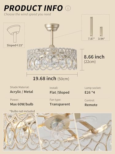 Image of SYDACG 20 inch Gold Crystal Fandelier Ceiling Fans with Lights, Gold Chandelier Ceiling Fan with Light Remote Control, Mid-Century Modern Caged 6 Speeds for Bedroom, Nursery, Foyer, Living Room