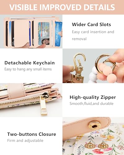 Image of Keychain Wallet Wristlet for Women,RFID Small Floral Flowers Wallet | Wallet Wristlet with Zipper Coin Pocket,Vegan Leather Card Wallets for Women, 2 ID Window,Gift