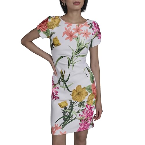 Image of KARL LAGERFELD Short Ruched Sleeve Jewel Neck Sheath Mini Dress