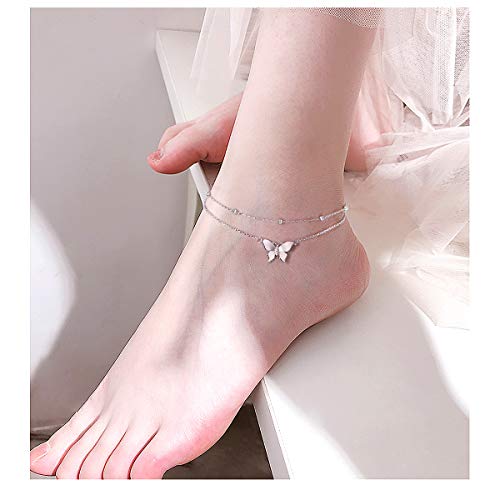 Image of Flyow Anklet for Women S925 Sterling Silver Adjustable Foot Beaded Heart Charm Ankle Bracelet Anklets Jewelry