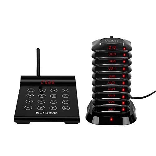 Retekess TD164 Sistema de Buscapersonas, Sistema de Llamadas Inalámbrico, FSK Largo Alcance 800M 10 Buscapersonas 30H 300mAh, Mudo del Teclado, Supermercado, Logística, Hoteles, Restaurante