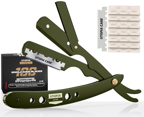 Image of Utopia Care Professional Barber Straight Edge Razor Safety with 100 Pack Blades, Green