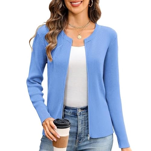Totatuit Women's Long Sleeve Zip Up Sweater Lightweight Cardigan Crew Neck Tops Zipper Knitted Jacket Small Sky Blue