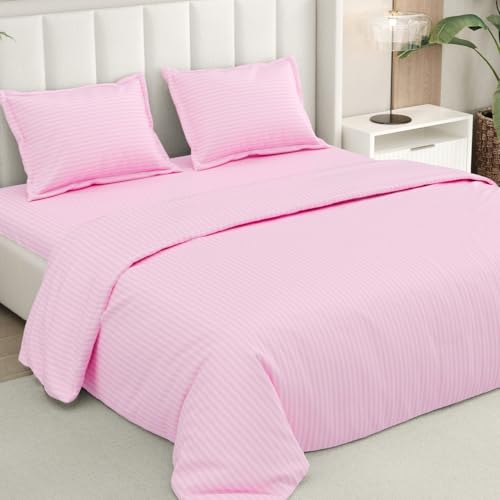 Image of Rivermoor Pink Satin Stripe Bedsheets for Double Bed | Ultrasoft Bed Sheet with 2 Pillow Covers | Queen Size Bed Sheet | Breathable & Hypoallergenic | 90 x 98 Inches
