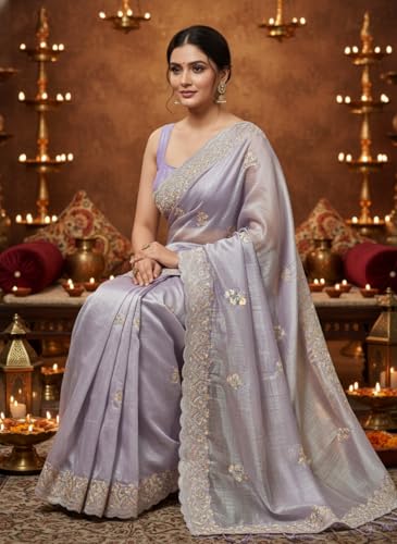 Image of Glory Sarees Women's Organza Chiffon Embroidery Work Scallop Border Saree With Blouse Piece (Chiffon101 Parent)