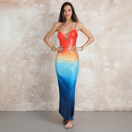 Image of Owl's-Yard Women Sexy Maxi Dress Y2K Spaghetti Strap Floral Print Low Cut Backless Slim Fit Sequins Long Cocktail Dress