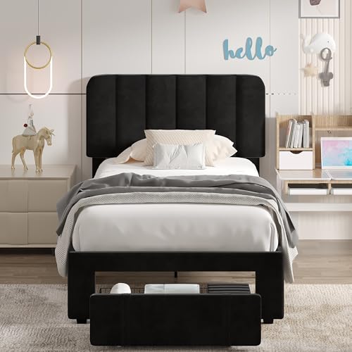 Image of VECELO Twin Size Upholstered Bed Frame with Drawer and Headboard, Velvet Platform Storage Bedframe, Wooden Slats Support, No Box Spring Needed,Black