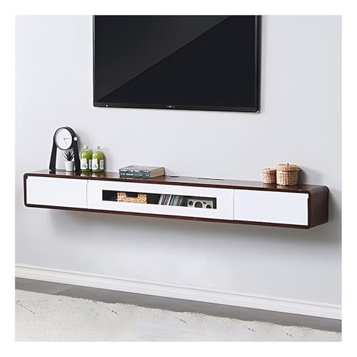 Moderna unidad de TV flotante con cajones y puerta de cristal para almacenamiento montado en la pared, centro de entretenimiento para sala de estar, dormitorio o sala multimedia, blanco y marrón, 120