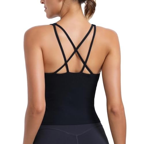 RUNNING GIRL Workout Tank Tops with Built in Bras for Women,Criss-Cross Back Medium Support Sports Bras for Women Black Medium