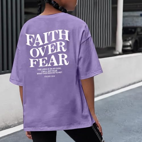 Image of Faith Over Fear Shirt Christian Jesus Tshirts for Girls Religious Inspirational Tees Bible Verse Tops for Kids 3-12