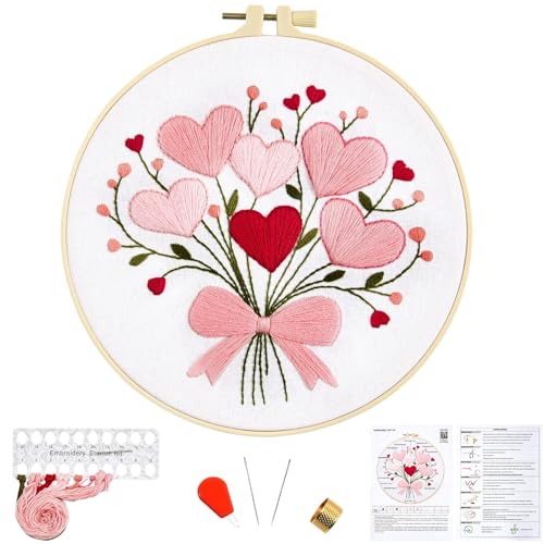 Image of Heart Flower Embroidery Kits for Beginners Adults, Pink Embroidery Starter Kits, Counted Cross Stitch Kits for Adults Anniversary Valentine's Day Gift, Embroidery Hoops, Fabric Thread & Video Tutorial
