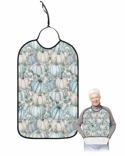 Thanksgiving Turquoise Pumpkins Adult Bib for Eating with Crumb Catcher,Fall Eucalyptus Maple Leaves Waterproof Terry Cloth Adjustable Elderly Women Men Adult Bibs Funny Apron Clothing Protector