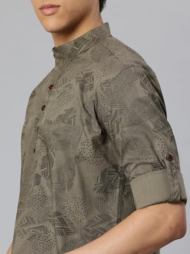 Image of Majestic Man Men's Pure Cotton Printed Mandarin Collar Regular Fit Roll-Up Sleeves Short Kurta