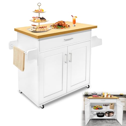 Suusolny Küchenschrank Küchenwagen 115x36x90cm mit Arbeitsplatte, Schrank, Schublade, Handtuchhalter, Gewürzboardaus Servierwagen mit Rollen Küchentrolley