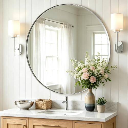 Image of ANDY STAR Round Chrome Mirror, 32 inch Round Chrome Mirror, Circle Bathroom Mirror for Bathroom in Stainless Steel Metal Frame