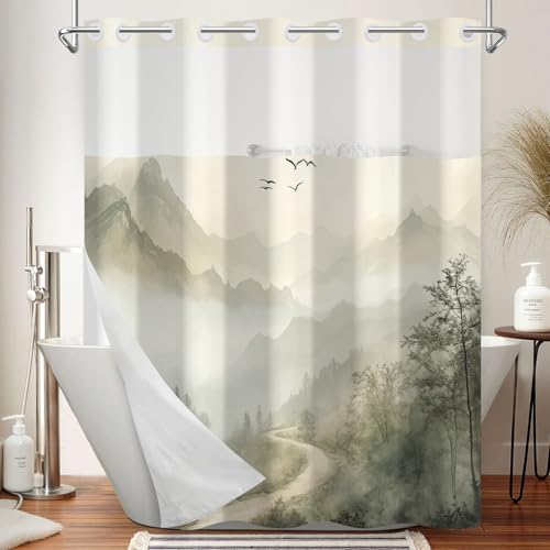 NAEMBCU No Hook Shower Curtain and Liner Set, Misty Mountain