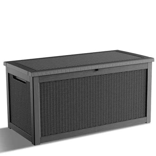 KFY 320 Gallon Waterproof Outdoor Storage Box UV Resistant Resin Deck Box with Hydraulic Rod for Reinforced Stability Perfect for Patio Garden and PoolBlack320 Gallon
