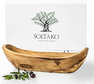 SOLTAKO Miska na kanapki z drewna oliwkowego, miska na przekąski, podłużna, rustykalna miska drewniana, misa dekoracyjna, miska na owoce, ręcznie robiona miska, miska na biżuterię, miska wielofunkcyjna