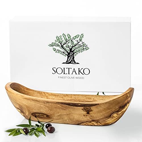 SOLTAKO Frutero de madera de olivo, cesta de pan rústica - Cesta de baguette larga de madera de olivo - hecho a mano - Cesta de frutas - Cuenco grande de madera de olivo