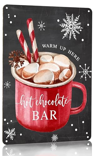 Joyline Vintage Christmas Decor Gifts Rustic Hot Chocolate Bar Warm Up Here Tin Sign for Home Farmhouse Kicthen Cafe Bar Wall Decor 8 x 12 inches (3235)