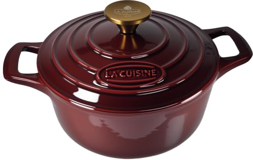 Image of La Cuisine Enameled Cast Iron Dutch Oven Casserole Dish Pot with Lid, 2.1 QT 7.9 inch /20cm Dia. Internal Matt Black Enamel Coating, Gold-Plated SS Lid Handle Oven Safe up to 500 F, Cranberry