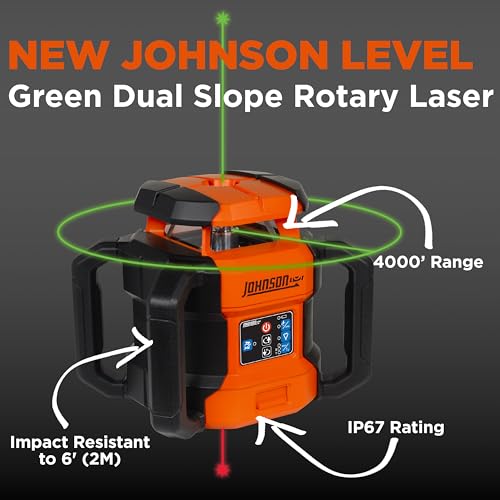 Image of Johnson Level & Tool JRT300-GNHV-K Self-Leveling Dual Slope Rotary Laser Kit with GreenBrite Technology, 4,000FT Range, Lithium Ion Batteries, Magnetic Target, Laser Detector, Remote Control