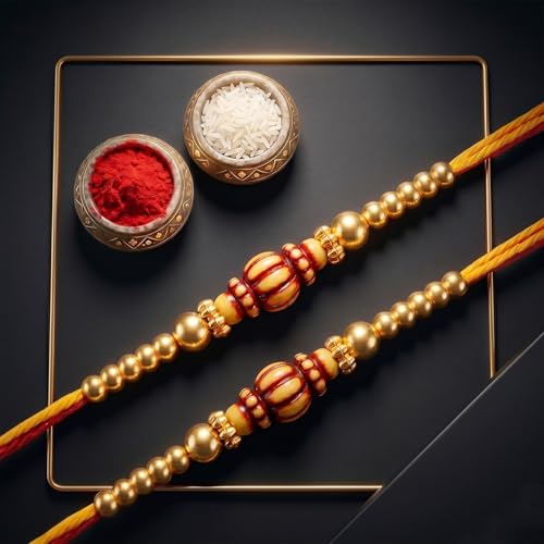 Image of Lucky Jewellery Set of 2 Traditional Gold Beaded Designer Rakhi for Brother with Auspicious Roli Chawal (18-S8R1-PA0213-2)
