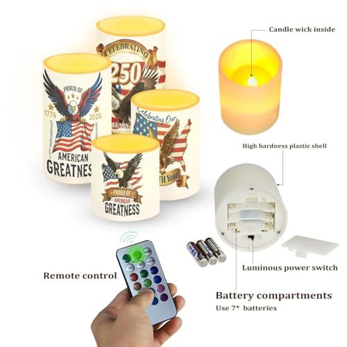 Image of American Flag Eagle Flickering Flameless Candles with Battery Powered LED Candles with Remote Timer Color Changing Control 4 Pcs Set 250 Years Celebration July 4th Independence Day Theme